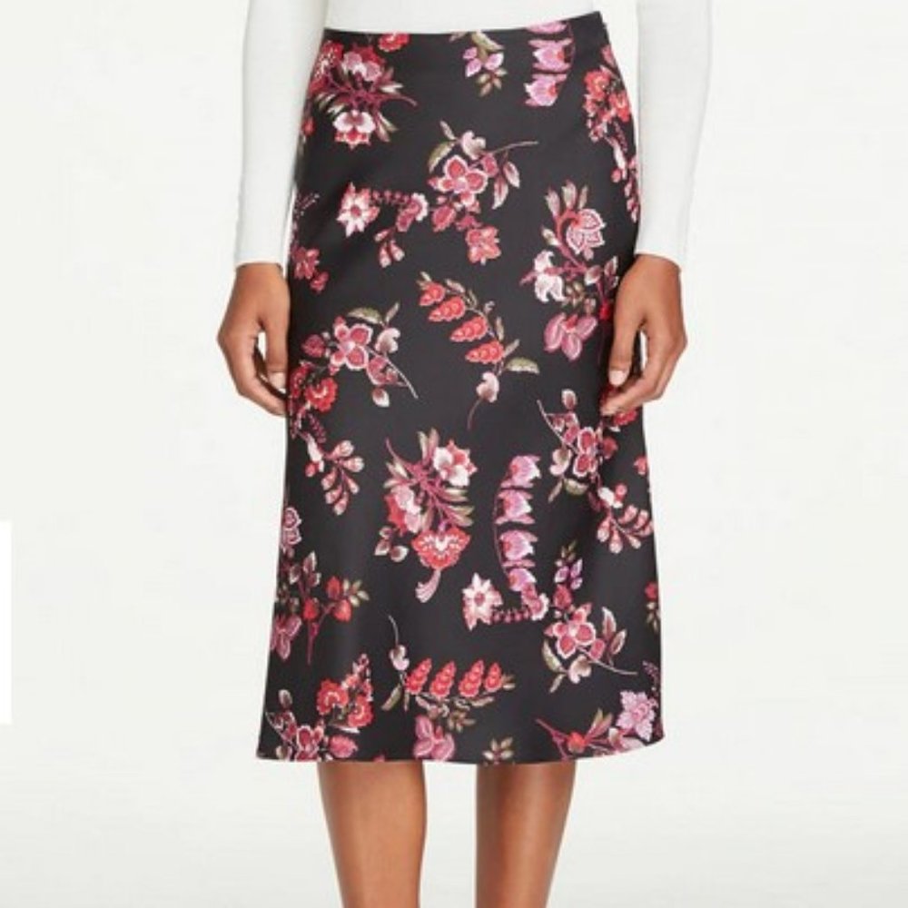 Ann Taylor Satin Midi Skirt Black Floral Sz 4 NWT